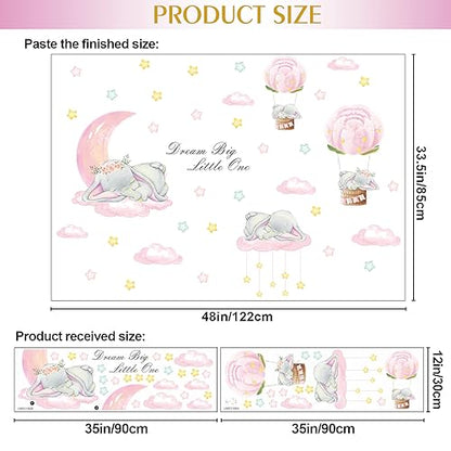 Removable 3D Cartoon Elephant Sleeping on the Moon and Cloud Wall Decor Sweet Dream Princess Little Girls Bedroom Wall Decal Hot Air Ballon Stars Wall Sticker for Baby Children Rooms Playroom Nursery