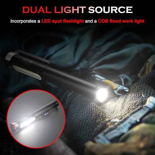 Pen Light Flashlight, 800 Lumens LED Pen Flashlights Rechargeable 6 Modes COB Magnetic Flashlight with Clip Bright Pocket Flashlights Work Light Portable Waterproof Durable Penlight for Nurse