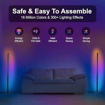 2 Pack Corner Floor Lamp ? 57'' Tall RGB Lamp Modern Mood Lighting with 88 LEDs, Bluetooth App Control, and Sturdy Base for Effortless Setup