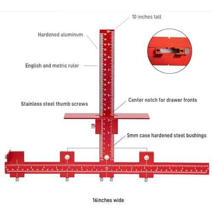 Cabinet Hardware Jig Punch Locator with Extended Ruler, Aluminum Alloy Cabinet Template Tool with Upgrade Box for Installation Handles Knob on Drawer Door Pulls (Red)