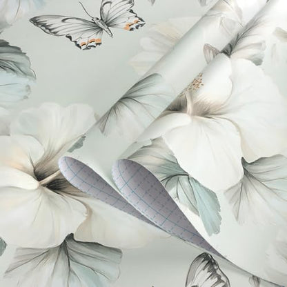 Floral Peel and Stick Wallpaper White Flower Contact Paper 16.9inch x 196.8inch Oil Painting Modern Wall Paper Butterfly Removable Large Floral Decorative Wallpaper Flower Waterproof Vinyl