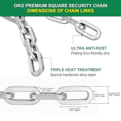 OKG Security Chain - 2ft x 1/4" Thick Outdoor Gate Chain, Cut Proof Chain Made of Hardened Alloy Steel Chain for Fences, Bicycles, Scooters, Pet Cages, Barn Door (Silver, No Lock)