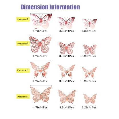 JOSDIOX 3D Butterfly Removable Metallic Wall Sticker 4 Styles 3 Sizes, Mural Decals for Kids Room Bedroom D?cor Nursery Classroom Party Decoration Wedding DIY (Rose Gold 48 Pcs)
