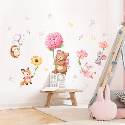 Pink Cartoon Animal Wall Decals, Bear Squirrel Rabbit Holding Flowers Flying Wall Stickers Peel and Stick Wall Decal Self Adhesive Wall Art Sticker for Girls Baby Nursery Kids Room Home Decor