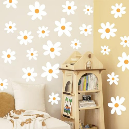 Runtoo White Daisy Boho Flower Wall Decals - Kids Nursery Floral Wall Art Stickers for Girls Bedroom & Living Room