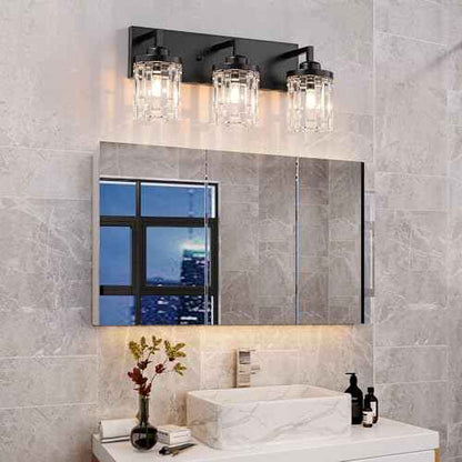 Black Vanity Light, 3 Light Crystal Modern Farmhouse Bathroom Lights, with Clear Glass Shade, Rustic Bathroom Light Fixtures, Black Bathrooms Wall Light Over Mirror for Living Room, Bedroom, Hallway