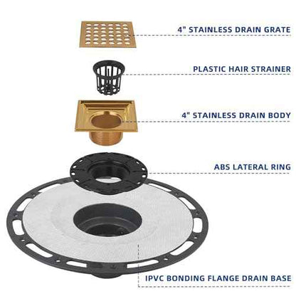 Square Shower Drain, 4-Inch Polished Gold Kit with Bonding Flange, Removable Stainless Steel Grate, Drain Key & Hair Strainer, Fits 2" & 3" Pipes for Tiled Floors