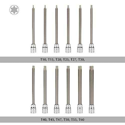 EMENTOL 12PCS 3/8" Drive Extra Long Torx Bit Socket Set, CR-V, S2 Steel, 5.9" Length Star Bit Socket Set, T10 - T60