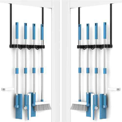 Broom Holder Over The Door, Mop and Broom Holder Wall Mount or Hanging Over The Door with Hooks, Broom Hanger, Broom Storage, Tool Organizer for Garage Closet Laundry 2PCS