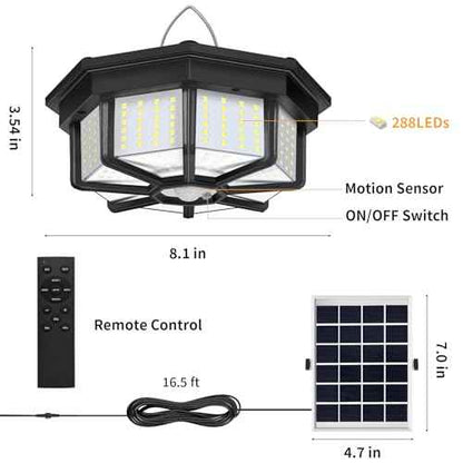 Solar Shed Lights Indoor Outdoor, Aqonsie 288LED Solar Powered Motion Sensor Pendant Light Daytime Available, Solar Indoor Light with 5 Lighting Modes & Remote for Shed Gazebo Barn Garage Home, 2 Pack