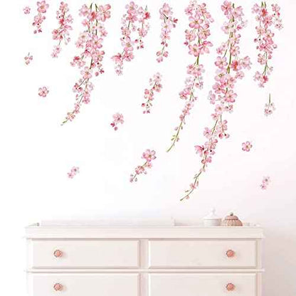 wondever Cherry Blossom Wall Stickers Pink Flower Hanging Floral Peel and Stick Wall Art Decals for Living Room Bedroom TV Background