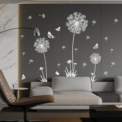 Joyartu 2 Sheets Dandelion Wildflower Wall Decals Art,Flower Stickers, Murals with Butterflies, Removable DIY Sticker Decals for Bedroom Living Room Nursery Classroom Playroom (White)