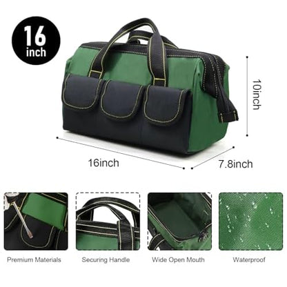 2 Pack Rugged 16-Inch Wide Mouth Tool Bag for Professionals, Waterproof and Durable. Great for Construction Electricians Carpentry and DIY Enthusiasts (Green,Bule)