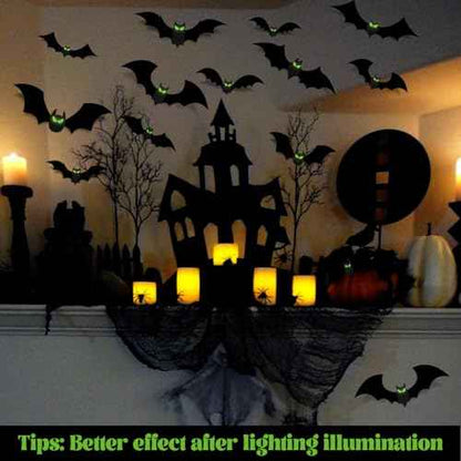 132 Pcs Halloween Bats Wall Decor With Glow in The Dark Eyes - Large 3D Bat Stickers and Decals for Indoor Party Decorations - PVC Black Bats