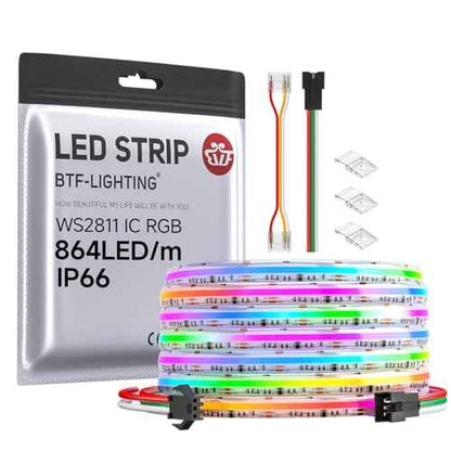 BTF-LIGHTING FCOB IP66 WS2811 IC RGB COB LED Strip 864LED/m Flexible High Density Color Chasing Uniform Light DC24V 24FT 24IC/m 12mm Width for DIY Lighting Projects(No Adapter or Controller)