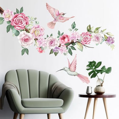 2 Sheets Watercolor Peony Flowers Wall Decals Floral Wall Stickers Pink Hummingbirds Wall Decals DIY Removable Flying Birds Floral Art Stickers for Living Room Sofa TV Background