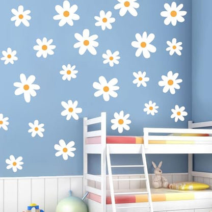 Runtoo White Daisy Boho Flower Wall Decals - Kids Nursery Floral Wall Art Stickers for Girls Bedroom & Living Room
