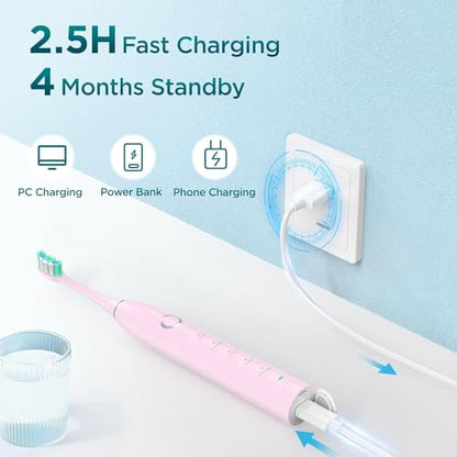 Electric Toothbrush for Adults with 8 Brush Heads, Sonic Toothbrush Rechargeable with a Holder & Travel Case, 2.5 Hours Charge for 120 Days Use - Light Blue