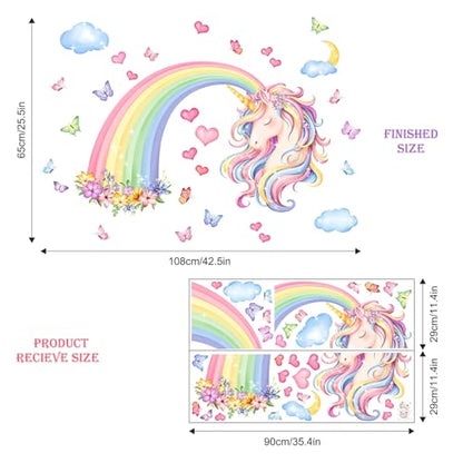 Rainbow Unicorn Wall Decals Rainbow Flowers Butterflies Clouds Hearts Unicorn Wall Stickers Baby Nursery Girls Bedroom Daycare Wall Decor