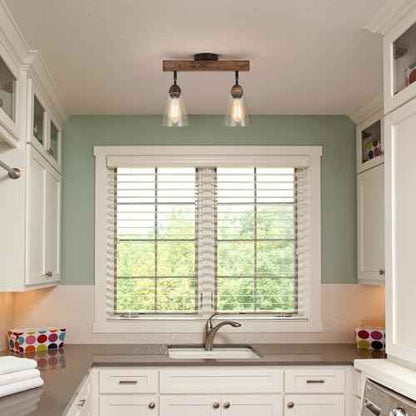 2-Light Rustic Farmhouse Glass Track Flush Mount Ceiling Light Fixture Mini Clear Seeded Glass Shade and Oak Wood Semi Flush Mount Ceiling Light for Kitchen Bedroom Hallway Entryway Sink