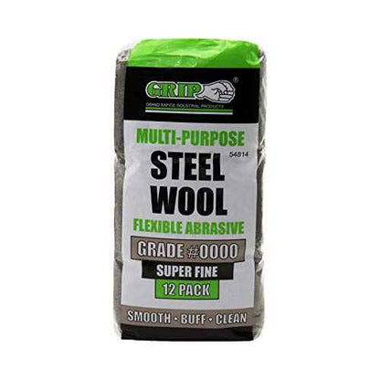 Grip Multi-Purpose Steel Wool Flexible Abrasive 12 Pack (Very Fine #0000) - Smooth Lacquer, Varnish, Shellac, Polyurethane - Buff Furniture or Woodworks to High Luster - Home, Garage, Workshop