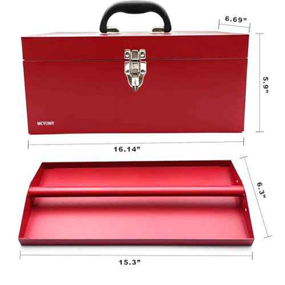 16" Portable Steel Heavy-duty Large Tool Box 18-Gauge Fishing Tackle Box Tool Box Drawer Organizer With Metal Latch and Handle Red