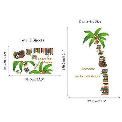 IARTTOP Coconut Tree Sloth Wall Decal Book Tree Sloth Wall Sticker Large Book Tree Wall Stickers for Bedroom Study Room Living Room Decoration