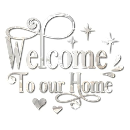 INCAUCA Welcome to Our Home Wall Decor Sticker, Home Acrylic 3D Mirror Wall Decal, Removable Art Letter Sign, Wall Door Quote Decoration DIY for Living Room Bedroom Sofa TV Background (Silver)