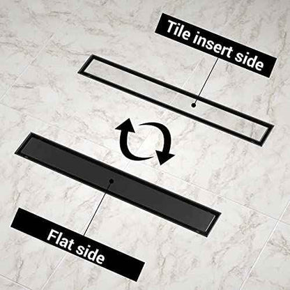 EXF Linear Shower Drain 28 Inch Matte Black with Reversible Flat & Tile Insert Cover, Stainless Steel Rectangle Shower Floor Drain with Hair Catcher, Adjustable Feet