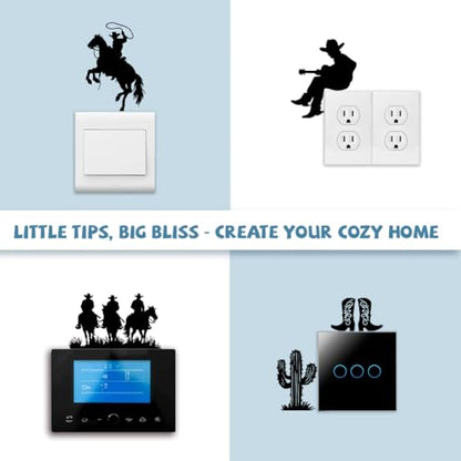 Peacoblue Light Switch Plate Stickers Labels Decals 6Pcs 7"x7" Black Cowboys and Horse for Home House Office Kitchen Decorative, Funny Peel and Stick Light Wall Outlet Stickers for Switch Decoration
