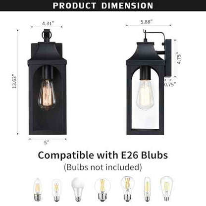 2-Pack 13" Outdoor Wall Light Fixtures, Matte Black Exterior Light Fixture with Clear Glass Lampshade, Anti-Rust Waterproof Outdoor Sconce Lights Porch Lights for Entryway, Patio, Garage