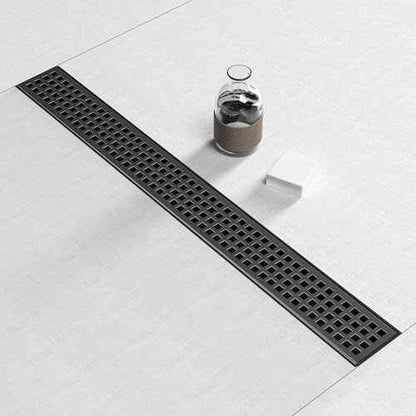 24 Inch Black Linear Shower Drain, Rectangular Shower Floor Drains with Square Hole Cover, 304 Stainless Steel Linear Drain with Leveling Feet, Hair Strainer (Matte Black)