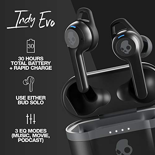 Skullcandy Indy Evo in-Ear Wireless Earbuds, 30 Hr Battery, Microphone, Works with iPhone Android and Bluetooth Devices - Black