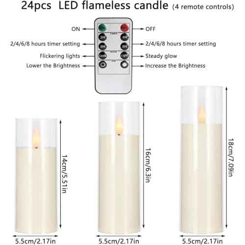 Set of 24 Flameless Led Battery Opeated (D2.2'' x H5''6''7'') Realistic Moving Wick Candles with 10-Key Remotes and Cycling 24 Hours Timer