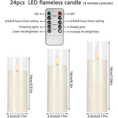Set of 24 Flameless Led Battery Opeated (D2.2'' x H5''6''7'') Realistic Moving Wick Candles with 10-Key Remotes and Cycling 24 Hours Timer
