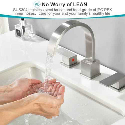 Widespread 8 Inch Brushed Nickel Bathroom Sink Faucet, Waterfall Nickel Stainless Steel Bathroom Faucet for Sink 3 Hole, Vanity Lavatory Sink Faucets with Drain & Water Hoses