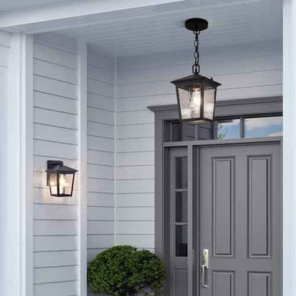 Outdoor Pendant Light, Black Outdoor Porch Light fixtures with Anti-Rust, Exterior Hanging Lantern, Height Adjustable Outside Chandelier with Water Glass for House Patio Garage