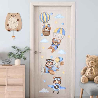 Yovkky Airplane Hot Balloon Bear Wall Decals Stickers, Blue Flying Animal Aircraft Neutral Toddlers Nursery Decor, Cloud Stars Home Decorations Kids Baby Bedroom Playroom Classroom Art