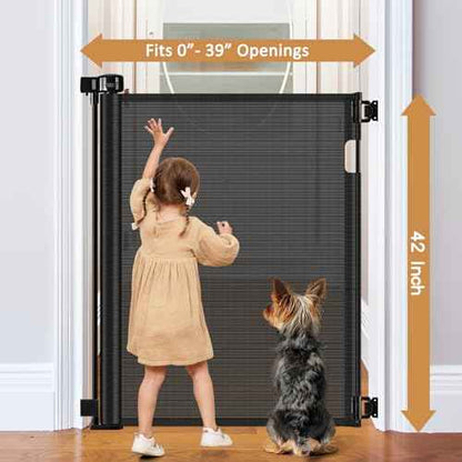 42 Inch Extra Tall Baby Gate 0"-39" Wide Narrow Baby Gate for Stairs Extra Tall Retractable Dog Gates for Doorways Pet Gate Indoor Mesh Gate for Kids Dog Gates for The House, Black