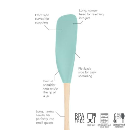 Tovolo Flex Core Jar Scraper With Wood Handle Long Silicone Spatula For Peanut Butter Jelly Jars, Heat Resistant BPA Free Long Handle Jar Spatula for Scraping Spreading Aqua Seafoam Green