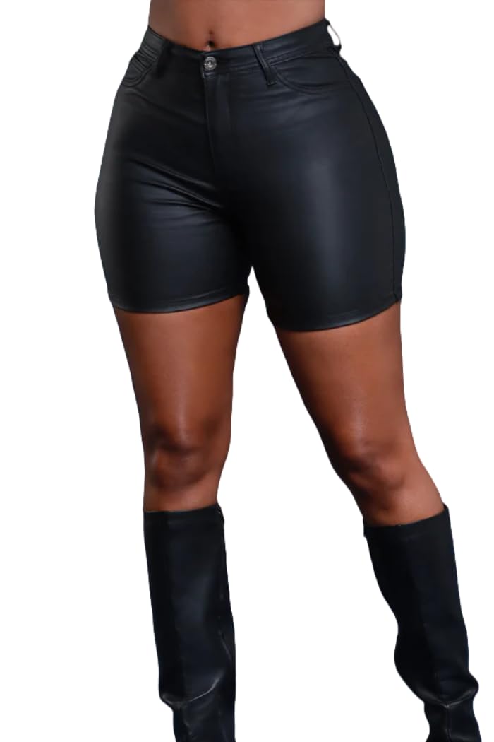 Zebaexf Women Sexy Leather Legging Shorts High Waist Faux Leg Stretchy Shorts PU Leather Pants Black Small