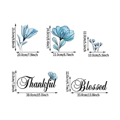 ADECALS Thankful Grateful Blessed Motivational Wall Sticker Blue Flower Butterfly Peel and Stick Wall Art Decor Home Famiy Inspirational Stickers Decor Quotes
