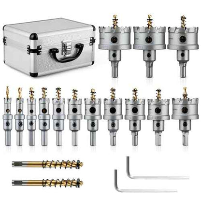 16 PCS TCT Hole Saw Kit for Hard Metal, 5/8" to 2-1/8" TCT Hole Cutter Set, Stainless Steel, Iron, Wood, Plastic, with 2*Extra Titanium Plated Pilot Center Drill and 2*L-Wrench