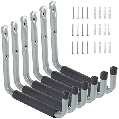 Ihomepark Garage Ladder Hooks Heavy Duty, 9" Wall Mounted Storage Hanger Utility Organizer for Bicycle, Canoe, Folding Chairs, Bike and Tools(6 Pack, Grey)