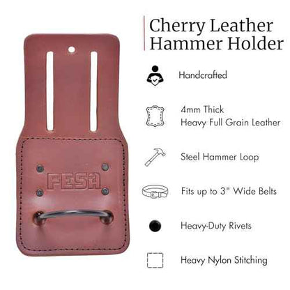 FESA Leather Hammer Holder for Belt - Top Grain Leather Hammer Holster with Steel Hammer Loop & Reinforced Heavy Duty Rivets - Fits Belts up to 3" - Handcrafted