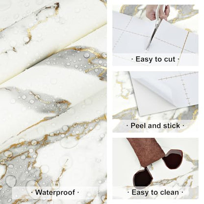 White Gold Marble Contact Paper for Countertops Waterproof White Marble Wallpaper Peel and Stick Removable Countertop Contact Paper for Kitchen Table Cabinets Matte Granite Wallpaper 15.8"x80"