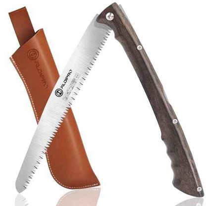 Folding Pruning Saw 10 Inch with Leather Sheath and Wenge Wooden Handle, SK5 Steel Blade, Foldable Hand Saw for Camping, Survival, Wood Cutting, Bushcraft and Tree Trimming