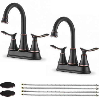 KINGO Bathroom Faucets for Sink 3 Hole, 2 Handle 4 inch Oil Rubbed Bronze Bathroom Sink Faucet with Pop-up Drain and Supply Hoses, Stainless Steel Lead-Free Centerset Faucets for Vanity RV, 2 Pack