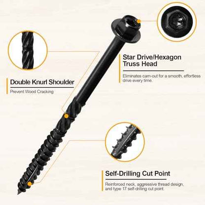 #14 x 10 Wood Structural Screws 50 Pack Hex Head Lag Screws, Rust Resistant Timber Screws for Timber/Log/Landscaping Wood (Black)