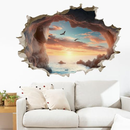 SUPERDANT 3D Cave by The Sea Wall Stickers 3D Broken Wall Decal Cave Seascape Peel and Stick Vinyl Art Decor Seaside Mural for Bedroom Living Room Nursery Bathroom Housewarming Gift
